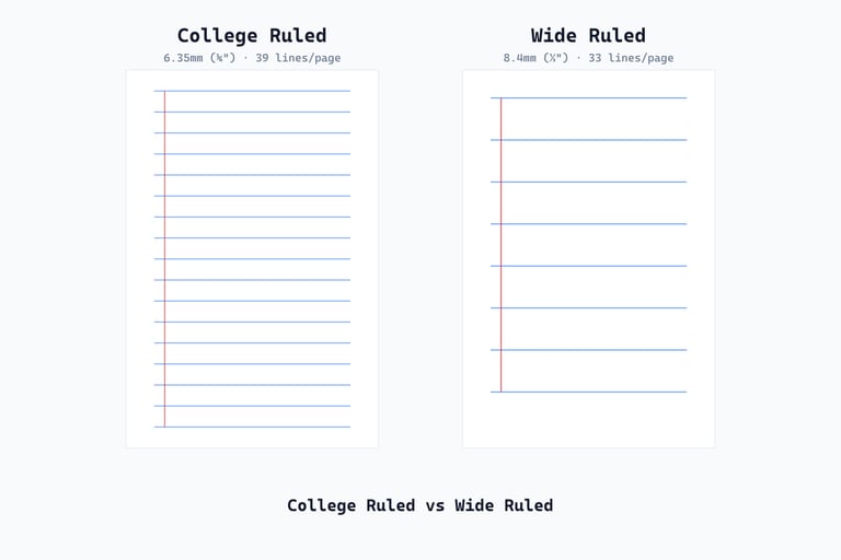 College ruled paper (6.35mm) side-by-side with wide ruled paper (8.4mm) for visual comparison of line spacing