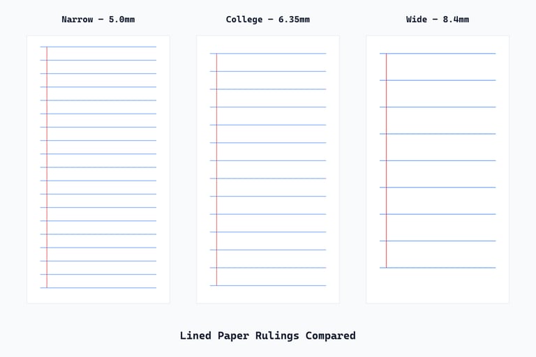 Side-by-side visual comparison of narrow, college, and wide ruled lined paper showing the line spacing of each ruling