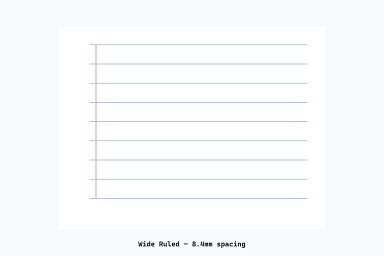 Free wide ruled lined paper with 8.4mm blue lines on white background for kids handwriting practice